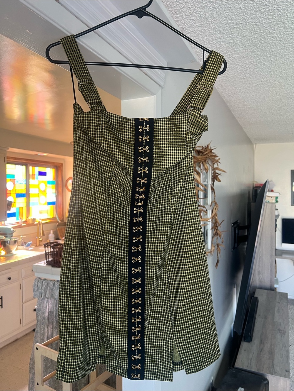 Honey Punch Yellow-Green Gingham Pinafore Dress with Hook-Loop Detail